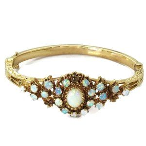 Natural Opal 14kYellow Gold Floral Bangle Bracelet